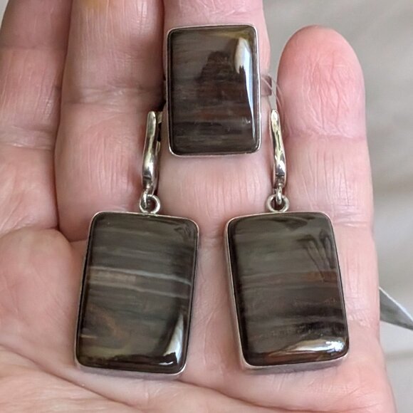 NWT Russian Russia Sterling Silver 925 Brown Petrified Wood Earrings & Ring Set - Picture 2 of 16
